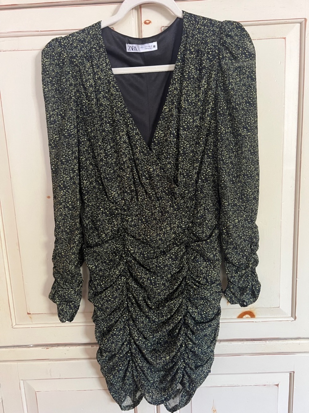 ZARA Black and Green Speckled Ruched Wrap-Style Long Sleeve Dress